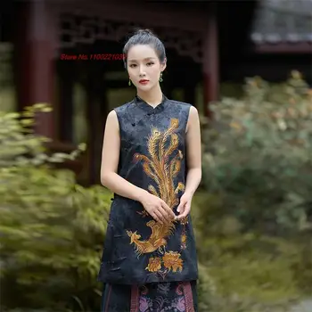2024 етнически жилетка с цветна бродерия, китайски женски ретро традиционен сатен, жаккардовый жилетка, източен жилетка в ретро стил, бурелом