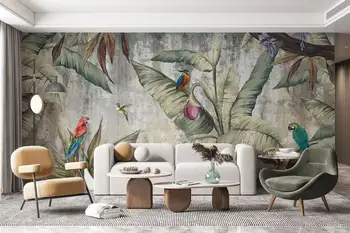 Папагали, боядисани стени от големи бананови листа, Акварелни картинки с тропически дървета, Стилна подвижни стенни рисувани под формата на екзотични гори, Кастрене и