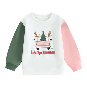 Детска hoody за момичета с кръгло деколте и дълги ръкави и писмото принтом камион в Контрастен цвят, Hoody с качулка, Коледен костюм