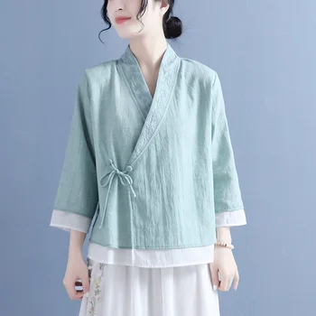 2023 женски традиционни китайски върховете hanfu, свободна блуза с v-образно деколте, расшитая националното цвете, елегантен, ориенталски жилетка в ретро стил дзен