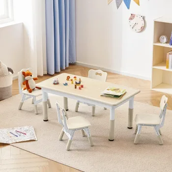 Детска маса и комплект от 4 стола, Детски работно бюро, маса за Хранене, Регулируема на височина, Пластмасова маса живопис, Настолна мебели за деца