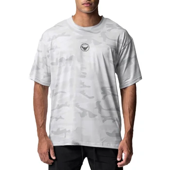 Камуфляжная мъжка тениска за бягане с големи принтом и къси ръкави, Лятна свободна дишаща бързосъхнеща тениска за тренировки във фитнеса