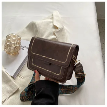 Чанта през рамо от изкуствена кожа, модни однотонная малка чанта през рамо, с Широки презрамки, дамски чанти-месинджър