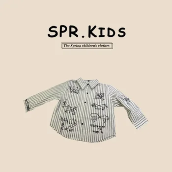 Детски дрехи, Детска риза, Пролетно облекло за момчета 2023, Нова риза райе с ревери, Всекидневни Прост Детски пуловер с дълги ръкави