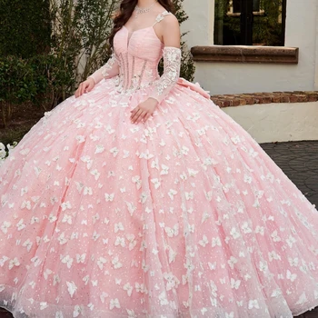 Розови блестящи Буйни рокля С пеперуди и лък, Бална рокля за рождения ден на Принцеса рокля дантела, 15-16 години, пищни рокля