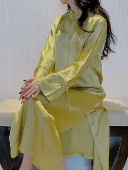2024 китайския есенен нов костюм от епохата на тан модерен костюм с дълъг ръкав и висока деколте свободен супериорна арт однотонное ежедневното рокля ципао рокли