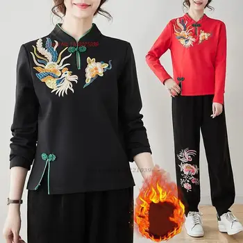 2024 китайската традиционна риза с национална бродерия на цветя, риза на руното лигавицата, реколта върховете hanfu, подобрена риза, етническа базова риза