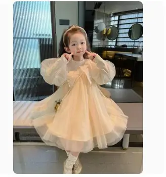 Детски дрехи 2022 Есен Зима, принцеса рокля с ръкави-пеперуди и водни балончета, Кадифе на майк с накладки, комплект от две части