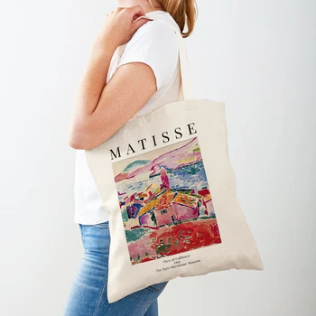 Реколта художествена чанта за пазаруване Matisse Girl Flower House Forest, Дамски чанти, за пазаруване, ежедневни холщовая чанта-тоут с двойно принтом