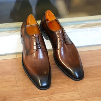 Италиански мъжки модел обувки на плоска подметка, луксозни маркови кожени обувки ръчна изработка, дантела с квадратни пръсти, нови бизнес вечерни светски обувки