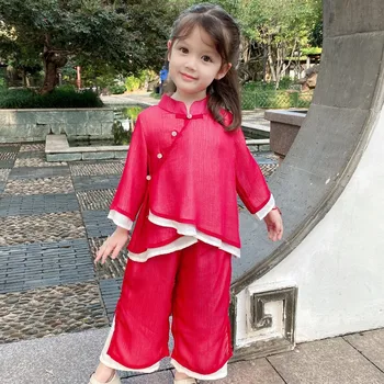 Момичета 2022, Новият Есенен Тънък Пролетен костюм Hanfu, Сладко момиче, комплект от две части в китайски стил с дълги ръкави, костюм Древна Фея Бебе Tang