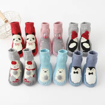 Домашни чорапи за деца, чорапи за новородени, Зимни Дебели хавлиени памучни чорапи за момичета с гумена подметка, забавни чорапи с животни за бебета