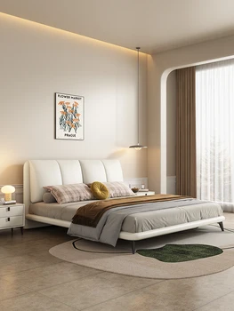 Италианска Лека Луксозно Легло от естествена кожа, модерна проста двойно легло 1,8 м, магистър-спално бельо от масивно дърво, Сватбена легло малък размер