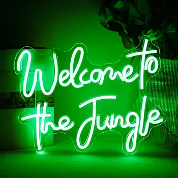 Добре дошли в Джунглата Неонова реклама Jungle Decor Зелена Led Неонова реклама с Надпис за Декора на стените на Градината на Дома Коридор входната врата на Верандата Подарък за парти