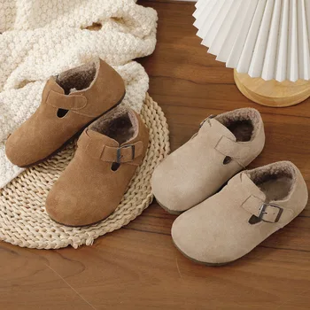 Зимни детски плюшени обувки Boken от матирана естествена кожа за момчета и момичета, плюшен ежедневни обувки
