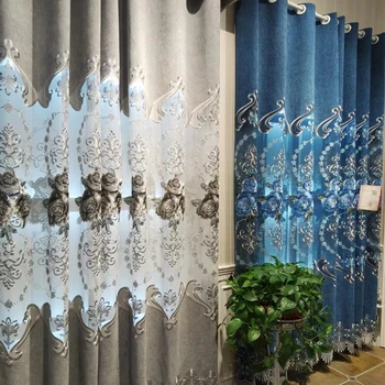 Завеса от сгъсти синельной марли в европейски стил, Големи кухи Бродирани Полупрозрачни завеси, Адаптивни Сини и сиви