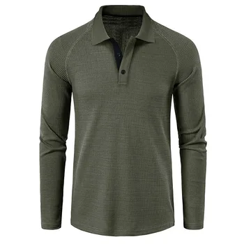 Мъжки приталенная вафельная риза поло с дълъг ръкав 2023, ежедневни класически дрехи, мъжки базова тениска, топ