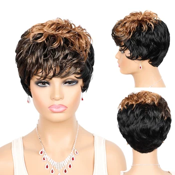 Кратък къдрава перука с бретон в стил Pixie за черни жени, термоустойчиви синтетични косми, ежедневни перуки