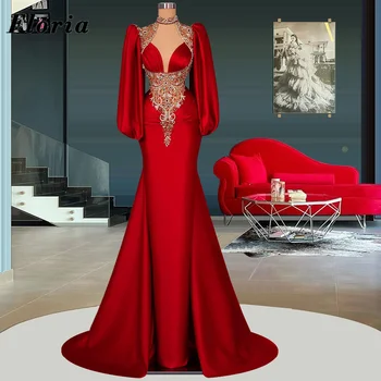 Червени вечерни рокли с дълги ръкави от висша мода от сатен русалка, обличам знаменитост за подиума, на червения килим, арабски вечерни рокли с мъниста 2024 г.