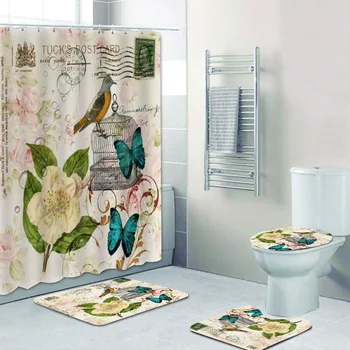 Ретро Ретро градински плакат С цветни завеси за душ Цветове Лавандула Пеперуди Птици Завеса за баня Непромокаеми постелки за баня