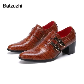 Batzuzhi/ Луксозни Вечерни Кожени модела обувки ръчна изработка, Мъжки Модни Мъжки обувки С катарами На висок ток 7 см, Вечерни и булчински обувки, 38-46!
