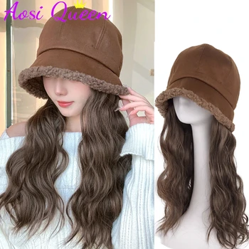 Синтетични къдрава коса AOSI с дължина 15 сантиметра, С беретом Шерпа, дамска шапка-перука, топла и мека ски вязаная есенно-зимна шапка