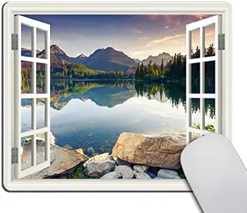 Панорамно изображение мирно езеро Чрез дървени прозорци Дизайн сцена Геймърска подложка за мишка, 9,5 