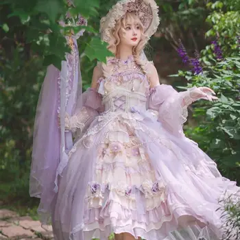 Ново чудесно шифоновое рокля в стила на булчинската пиенето на чай с цветя в стил Лолита 