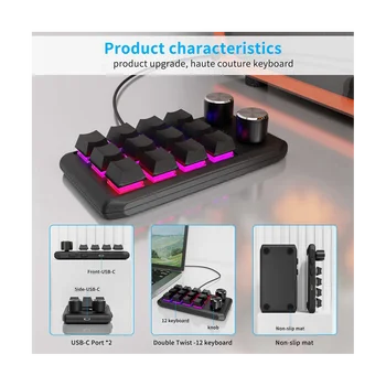 Потребителски клавиатура Дръжка за регулиране на силата на звука Програмиране на макро-игри Клавиатура с възможност за гореща замяна Черен, 12 клавиши, 2 дръжки Bluetooth