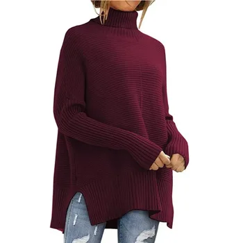 Коледен пуловер оверсайз Дамски пуловери с високо воротом Есен 2023 г. Туника в рубчик с ръкави 