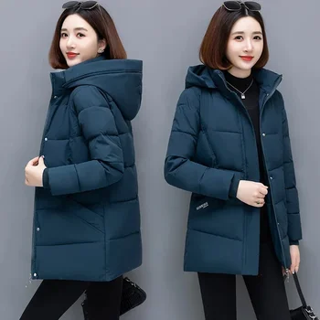 Виолетовият преносимо палто-парка с качулка, женски Корейското ново свободно и дебели памучни палто със средна дължина, палта, 4XL, Зимно пуховое памучни палто