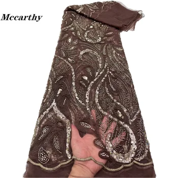 Най-новата 3D бродерия на цветя Mccarthy африканска лейси плат 2023 г. благородна лейси плат с пайети и мъниста за сватбени партита