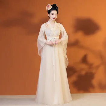 ВОДЕН Женски супериорна костюм фея Ханфу, Елегантна танцово представяне в китайския традиционен древен стил, Пълен комплект дълги рокли