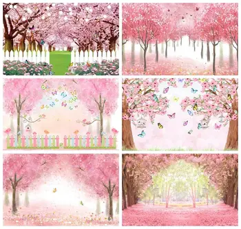 Фон Laeacco Cherry Blossoms Страна на чудесата Пролетната градина Розово цвете Сватба, рожден Ден на Дете Фон за портретна фотография дете