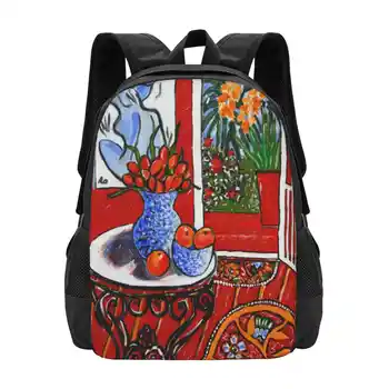 Червен интериор с изглед към Тропическата градина, училищна чанта, раница с голям капацитет, Интериор лаптоп, Червени тропически лалета