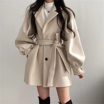 Вълнено палто с-блейзером средна дължина, дамско зимно яке с колан, Нишевое винтажное свободно модно палто, обикновена тренчи
