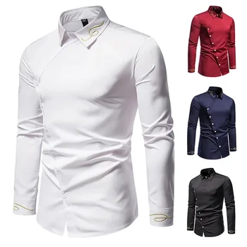 Пролет и есен 2023, Нова мъжки асиметрична риза с бродерия и дълъг ръкав, мъжки голяма тънка риза