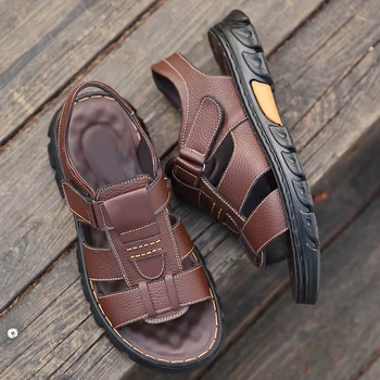 Летни Сандали Мъжки кафяви Леки Външни плажни Ежедневни Обувки От естествена кожа Римска Пешеходната обувки Меки Чехли Sandalias