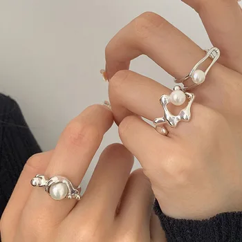 Прости пръстени с перли в стил пънк за жени, геометрични модни отворени регулируеми вечерни бижута ръчна изработка, подарък за парти