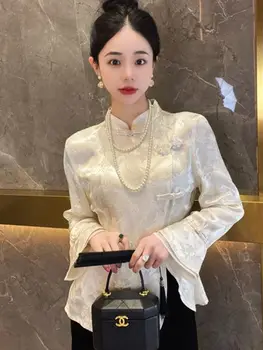 2024 нова блуза с жаккардовым яка ципао в китайски стил с къс ръкав за жени, блуза в ретро стил за момичета, подобрена ежедневна блуза за тангуитов