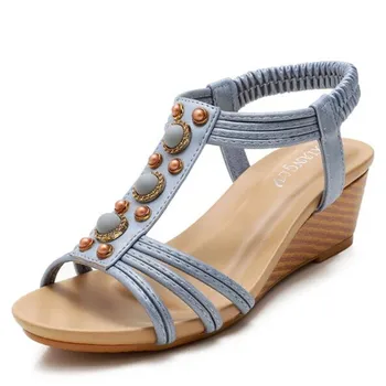 Летни дамски сандали Дамски обувки на танкетке Удобни високи токчета С отворен гръб и еластична лента Римски Сандали Ежедневни дамски обувки