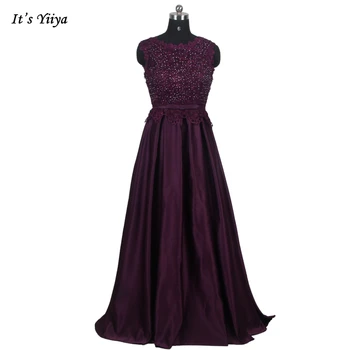 Разпродажба Вечерна рокля Виолетов цвят, С кръгло деколте, Без ръкави, дантела, Атласное Трапециевидное Рокля с Дължина до пода, Размерът на Женските Вечерни рокли LX160