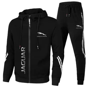 2024 Мъжки спортен комплект за фитнес с лого Jaguar, ивичест пуловер с цип, hoody, мотоциклетът яке