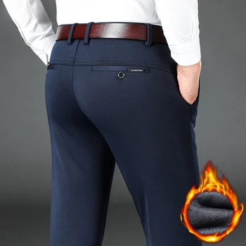 Зимните класически мъжки флисовые сгъстено директни ежедневни панталони от мека еластична тъкан, с високо качество на бизнес панталони мъжки марката