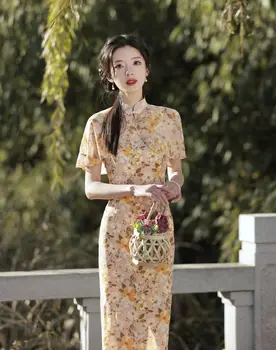 Подобряване на Винтажное рокля Рокля с къс ръкав с флорални принтом, дамско Елегантно Дълго Ципао в китайски стил