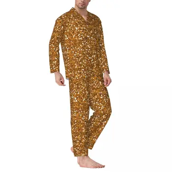 Пижами Bling Sparkle, Пролет Златна блестящ принт, Без пижамный комплект Оверсайз, мъжки топло Домашно облекло с графичен модел с дълъг ръкав
