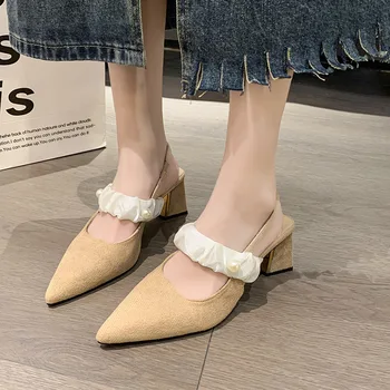 Сандали с остри пръсти, лятна новост 2023 г., модни тънки обувки Baotou с малките пръсти, прости дамски обувки на висок ток в ретро стил.