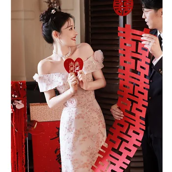 Секси вечерна рокля Ципао с бродерия във формата на цвете, елегантен и фин китайски рокля за бала Чонсам, сексуална празнична рокля с едно рамо
