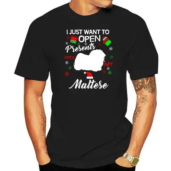 Тениска с подарък дрехи-Мъжки малтийски коледна дрехи, Отворени подаръци, тениска с кучето си-Черен