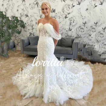 Lorrtta Американски сватбена рокля в нов стил с риба опашка, женствена рокля с дантелено аппликацией под формата на дълга опашка, сватбената рокля на големия размер, шаферски рокли